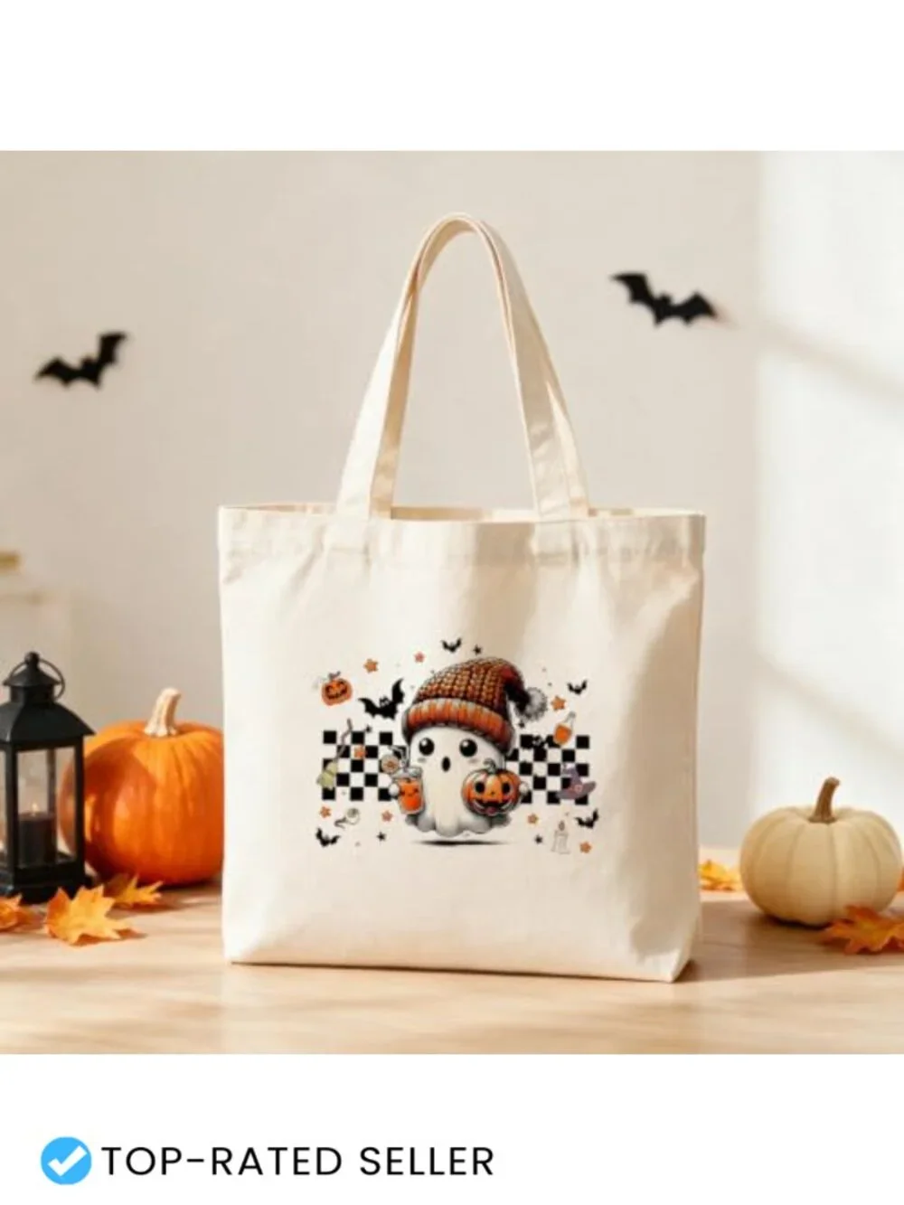 Halloween Ghost Canvas Tote Bag for Trick or Treating, Reusable Fall Gift